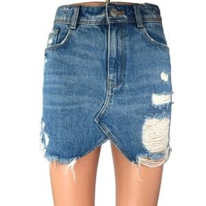 Zara Blue Distressed Frayed Hem Mini Straight Pencil Denim Jeans Skirt Size XS